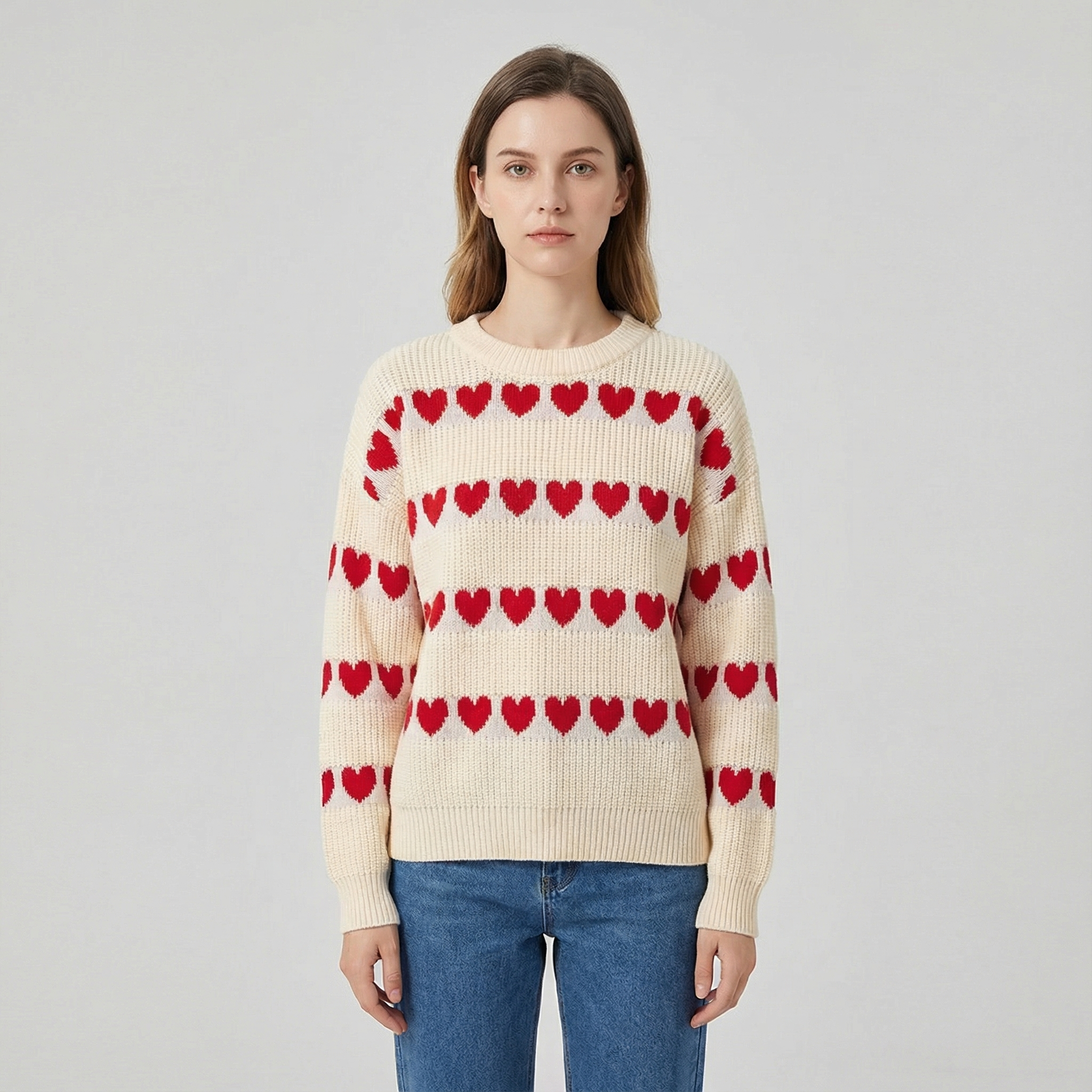 Heart Pattern Round Neck Sweater for Women