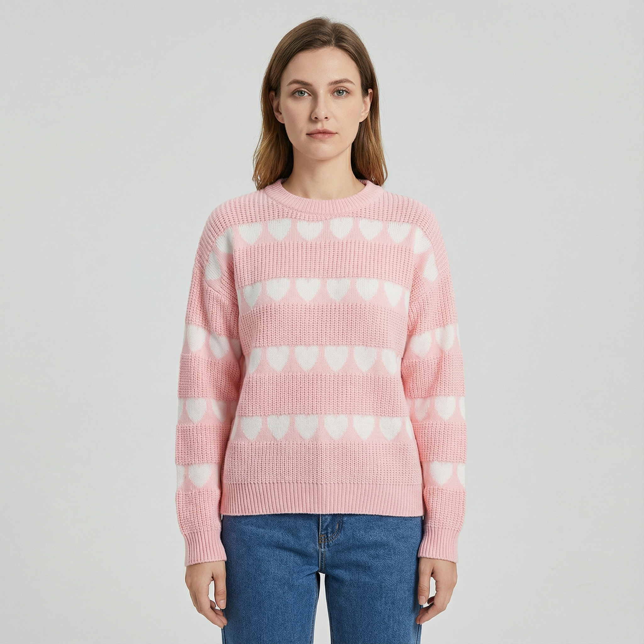 Heart Pattern Round Neck Sweater for Women