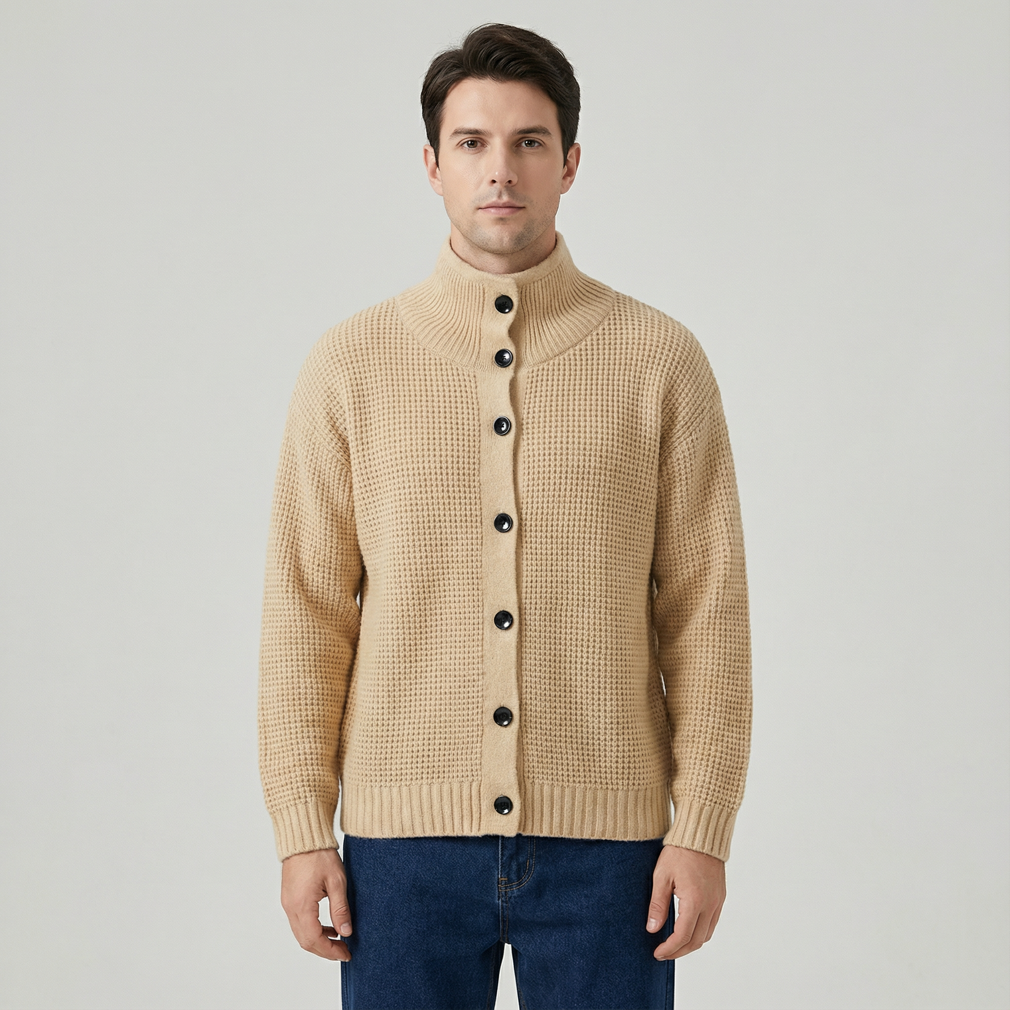 High Collar Knit Cardigan Sweater for Men