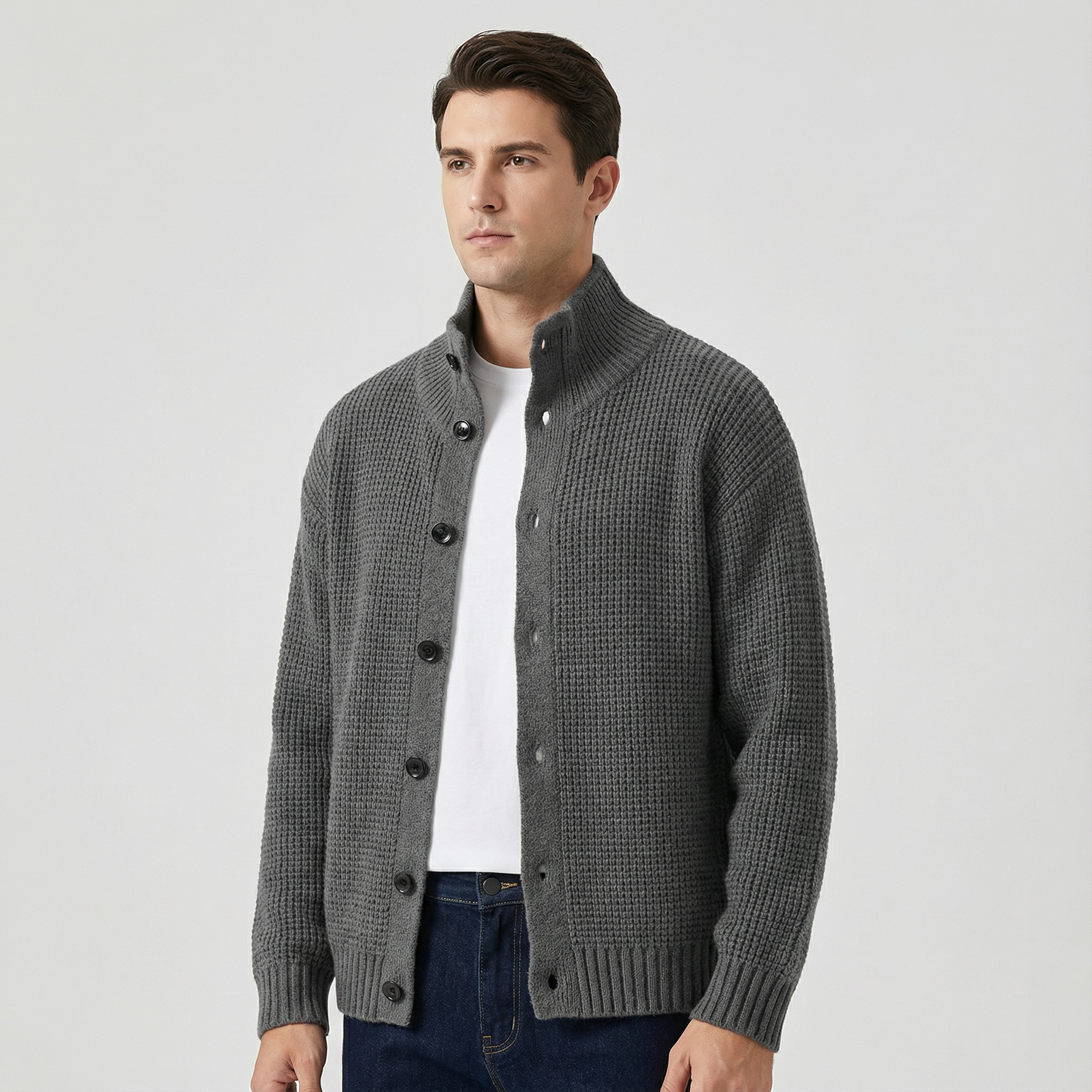 High Collar Knit Cardigan Sweater for Men